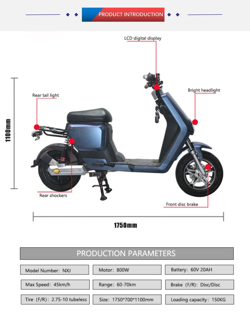 Better Quality Blue Colour 800W 1000W Electric Scooter for Adult